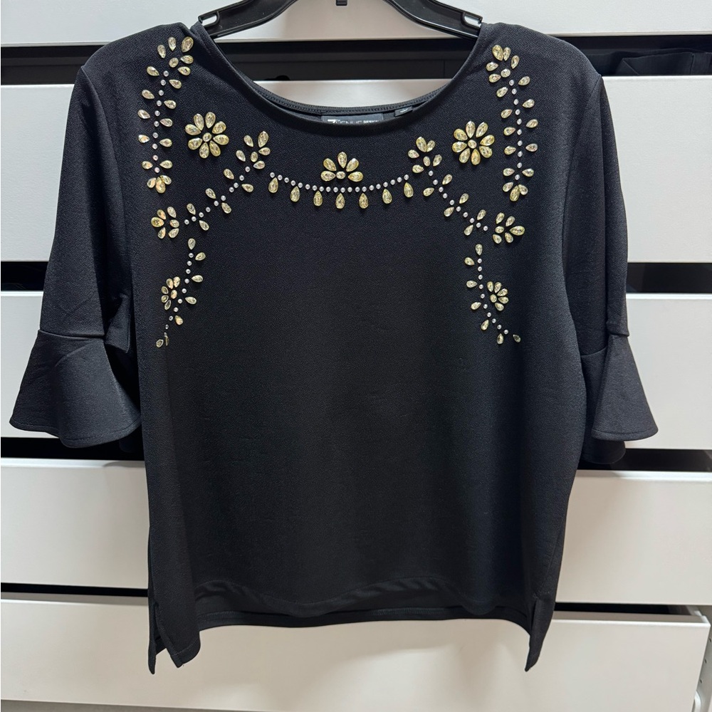 New York & Company Black jewel Embellished Ruffled sleeve Blouse